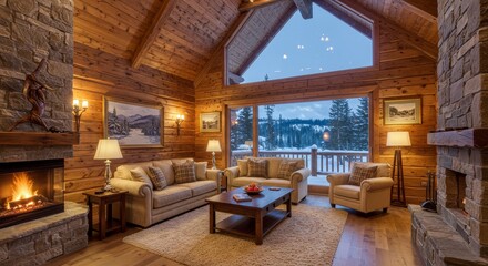 Cozy Mountain Cabin Living Room - Warm and inviting log cabin living room with a stunning view, fireplace, and comfortable furniture. Perfect for a winter getaway