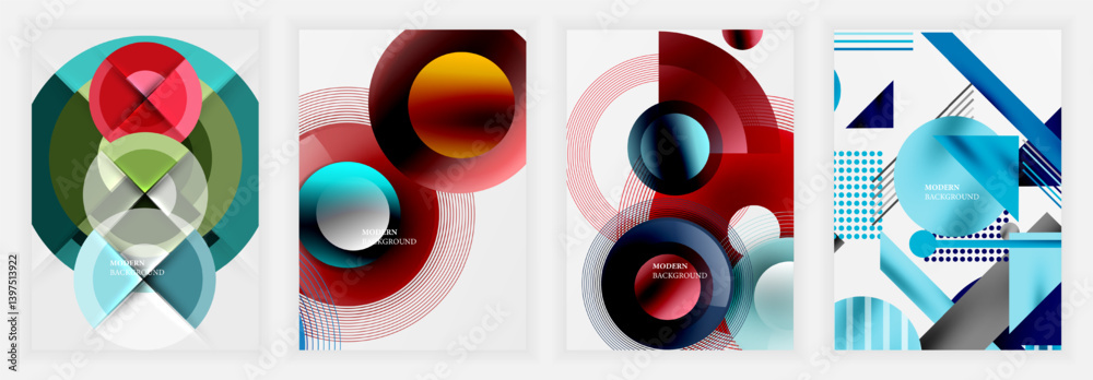 Fototapete Four abstract backgrounds feature overlapping geometric shapes, vibrant colors, gradients. Designs include circles, squares, lines creating modern visual appeal. Minimal text present.
