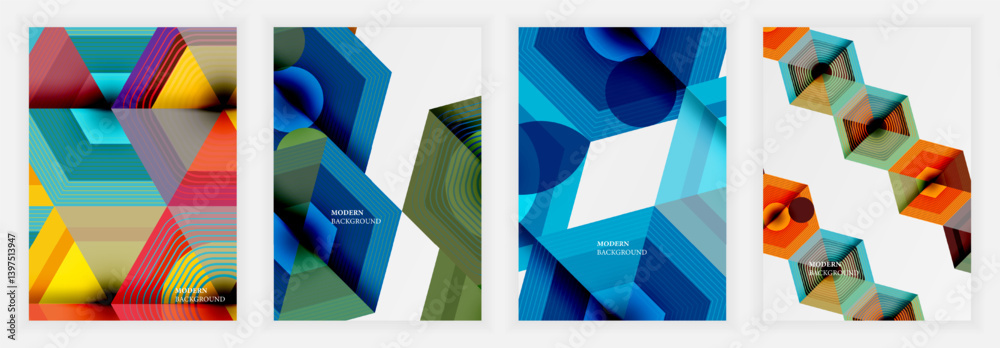 Poster four abstract geometric designs. vibrant colors, layered shapes, lines create modern backgrounds. co