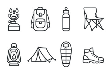 Essential camping icons set: minimalist linear style for outdoor adventures