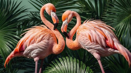 Fototapeta premium Flamingos with palm tree and leaves isolated on a solid background.