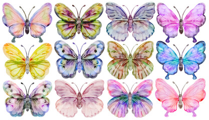 Watercolor Butterfly Clip Art Set Hand Painted Pink Blue Yellow Green Purple Wings Insect Spring Garden Nature Animal Illustration