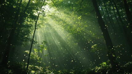 Obraz premium Sunlight streams through forest canopy