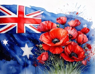 Anzac Day art. Watercolor Australia flag with poppy flowers. Symbol of remembrance, honor, AI