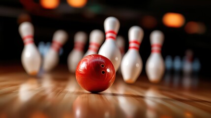 Neon bowling ball strikes down pins in vibrant motion on black background