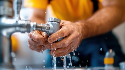 Plumber repairs water leak in sink drain with adjustable pliers
