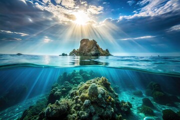 Naklejka premium Huahine Underwater Reef: Minimalist Pacific Ocean Photography, French Polynesia Scuba Diving Scene, 59.94fps