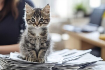 Cute kitten resting comfortably on a chaotic pile of paperwork in a bustling office, adding a touch of charm to the busy environment