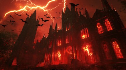 Fototapeta premium Burning Gothic Mansion Under Violent Storm