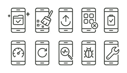 Mobile optimization icon set: linear style for cleaning, performance, and maintenance apps