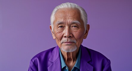 Obraz premium Caucasian elderly man on purple plain bright background modern chic fashion pose model portrait portrait banner with copy space ad concept marketing