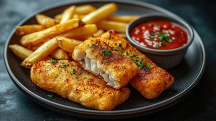 Crispy fish, fries, and sauce on dark plate