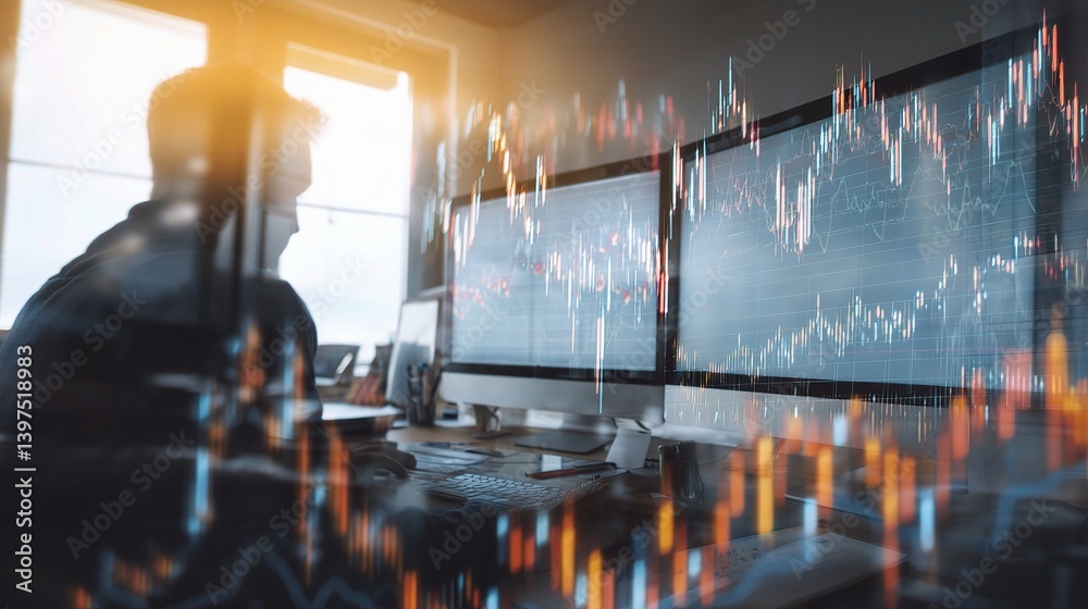 Poster double exposure of stock market graphs with trader in the background