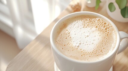 Warm latte with foam art on wooden table by window, inviting sunlight and cozy ambiance.