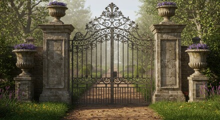 Elegant Estate Gate Entrance - Ornate iron gate leading to a tranquil garden path, flanked by stone pillars and urns. Serene and inviting