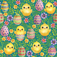 Easter seamless background in watercolor technique. Yellow chicks with Easter eggs on a green background