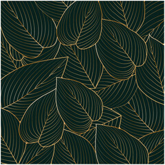Botanical leaf wallpaper vector. Natural hand drawn foliage pattern in minimalist linear outline style. Design for fabric, print, cover, banner, invitation. 