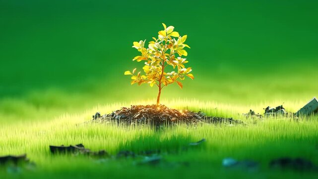 A tiny glowing tree growing from the center of a lawn