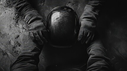 A shadowed person being held gently in a darkly toned composition