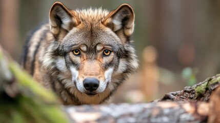 Obraz premium Gray wolf gazes intently from its forest home at dusk