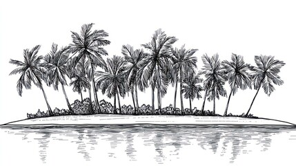 Sketch of tropical island palm trees, ocean view