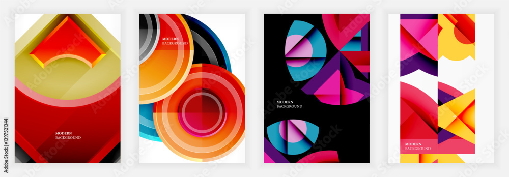 Poster abstract geometric designs dominate these vibrant backgrounds. overlapping shapes, circles, triangle
