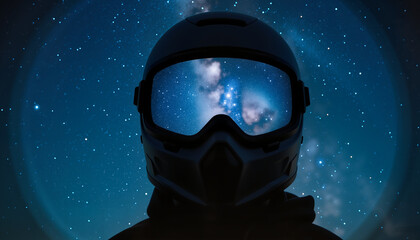 Fototapeta premium Astronaut gazing at stars in a helmet reflecting the galaxy 