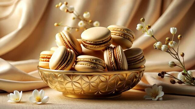 Golden macarons in a decorative bowl with delicate white flowers