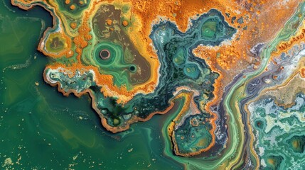 Aerial view of a colorful, abstract textured landscape with orange, green, and brown hues.