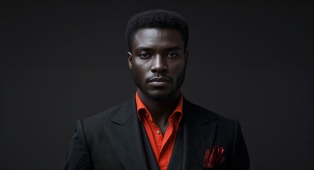 Obraz premium black African 40s man on black plain bright background modern chic fashion pose model portrait portrait banner with copy space ad concept marketing