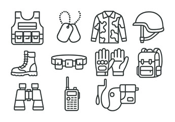Military equipment linear icons set: armor, helmet, and more essentials