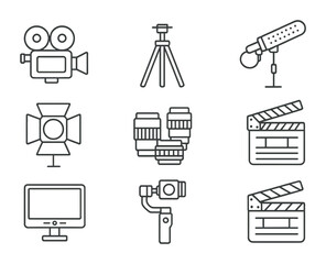 Film and photography essentials icons set in linear style