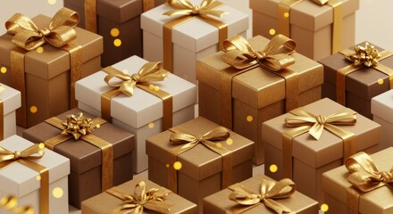 Festive Gift Boxes with Golden Ribbons - Celebration, presents, luxury, gifting, joy. A collection of beautifully wrapped gift boxes in gold and brown hues, tied with golden ribbons