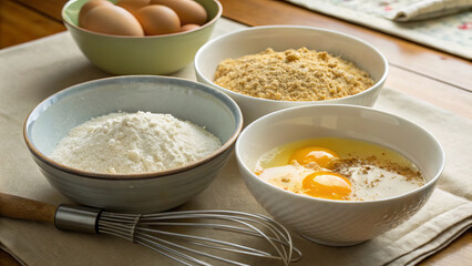Schnitzel. Breading station setup — flour, eggs and breadcrumbs in bowls (series: schnitzel preparation, step 3 of 6)