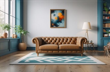 Elegant living room featuring a brown leather Chesterfield sofa, teal walls,  a geometric rug, and abstract artwork. Natural light streams through large windows.