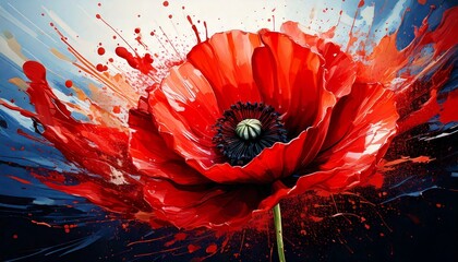 Abstract red poppy flower paint splash commemorating remembrance or anzac day digital illustration