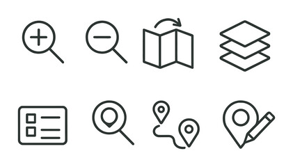 Essential map navigation icons set: zoom, location, layers, and more in linear style