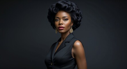 Fototapeta premium black African 40s woman on black plain bright background modern chic fashion pose model portrait portrait banner with copy space ad concept marketing