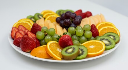 Fresh Fruit Platter Arrangement - A vibrant and healthy fruit platter featuring strawberries, kiwi, oranges, grapes, and cantaloupe. Perfect for any occasion