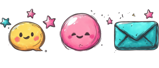 Colorful cartoon speech bubbles and an envelope with stars, representing communication and joy