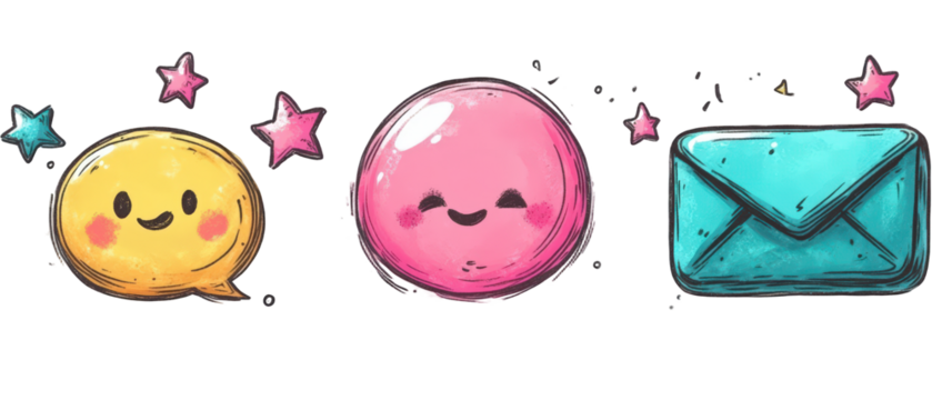 Colorful cartoon speech bubbles and an envelope with stars, representing communication and joy