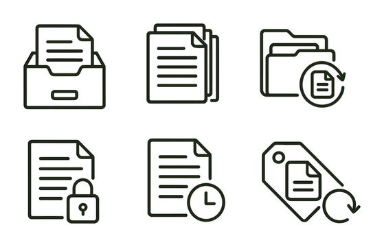 Linear document management icons set - folders, security, tags, and files collection