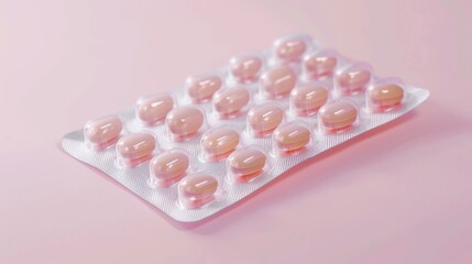Soft pink pill pack displayed on pastel background, showcasing multiple capsules arranged in neat rows for health and wellness