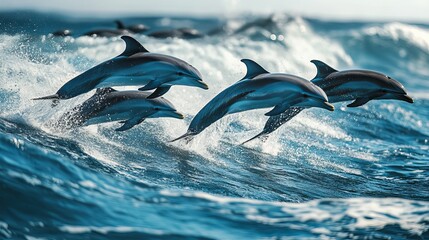 A pod of dolphins leaping out of the water with waves crashing in the background on a bright day