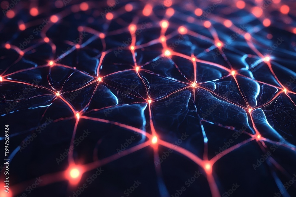 Poster exploration of glowing neural networks and interconnected pathways in dark space