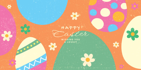 Happy Easter background design. Horizontal poster, banner, greeting card, holiday cover. Modern art design with typography, spring flowers, dots, eggs and bunny in pastel colors