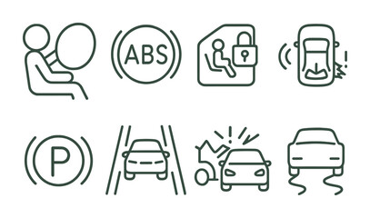 Comprehensive car safety icon set: essential vehicle safety features in linear design