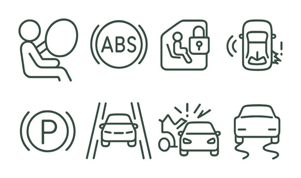 Comprehensive car safety icon set: essential vehicle safety features in linear design