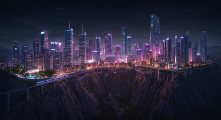Obraz premium Futuristic Cityscape at Night - A stunning illustration of a futuristic city at night, nestled within a dramatic cliffside setting. High-rise buildings illuminate the landscape