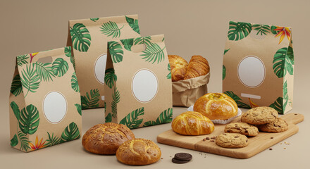 Friendly Tropical Bakery Packaging Design - Delightful bakery packaging showcasing tropical leaves, fresh baked goods, eco-friendly design, customer satisfaction, and brand identity